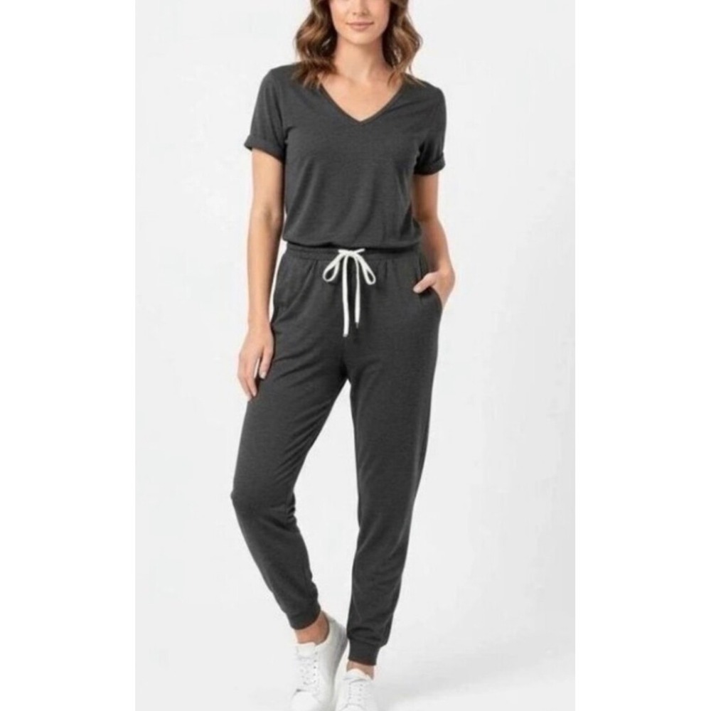 Vuori Sz XL All Day Heather Charcoal Gray Drawstring Jumpsuit Romper Comfy Cozy